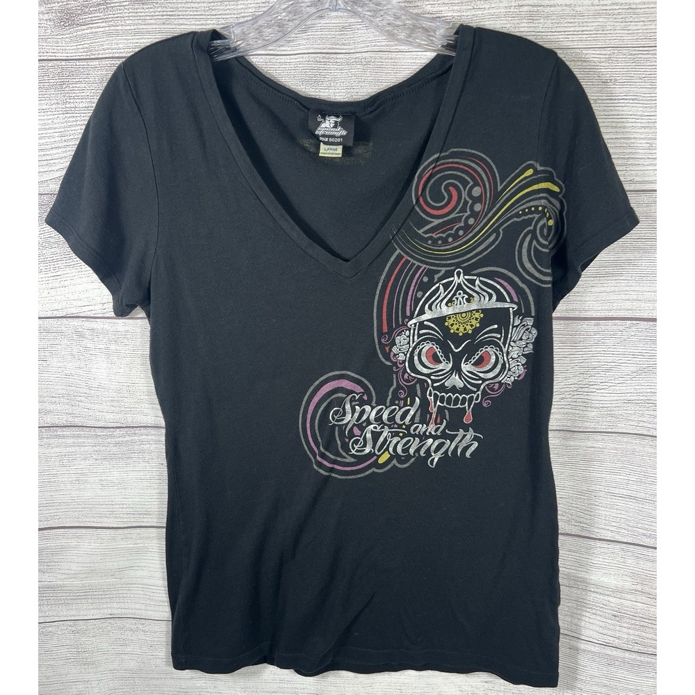 Speed and Strength Women's Black V-Neck Sugar Skull Graphic T-Shirt - Size Large